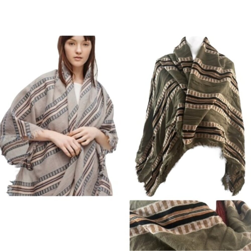 Aritzia Wilfred Striped 100% Wool Blanket Boho Scarf Wrap Neutral Oversize Shawl